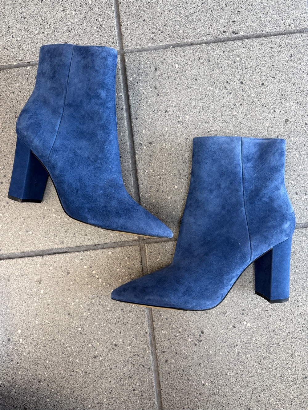 WORN ONCE Blue Suede Pointed-Toe Block Heel Ankle Boots - Women